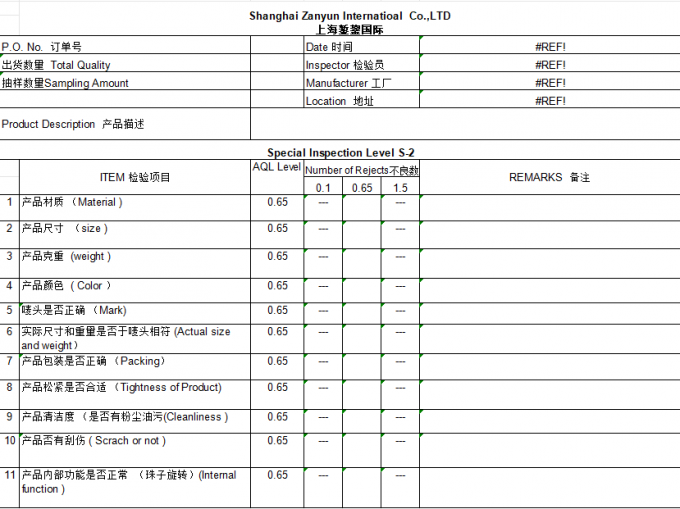 Shanghai Zanyun International Trade Co., Ltd. Contrôle de la qualité